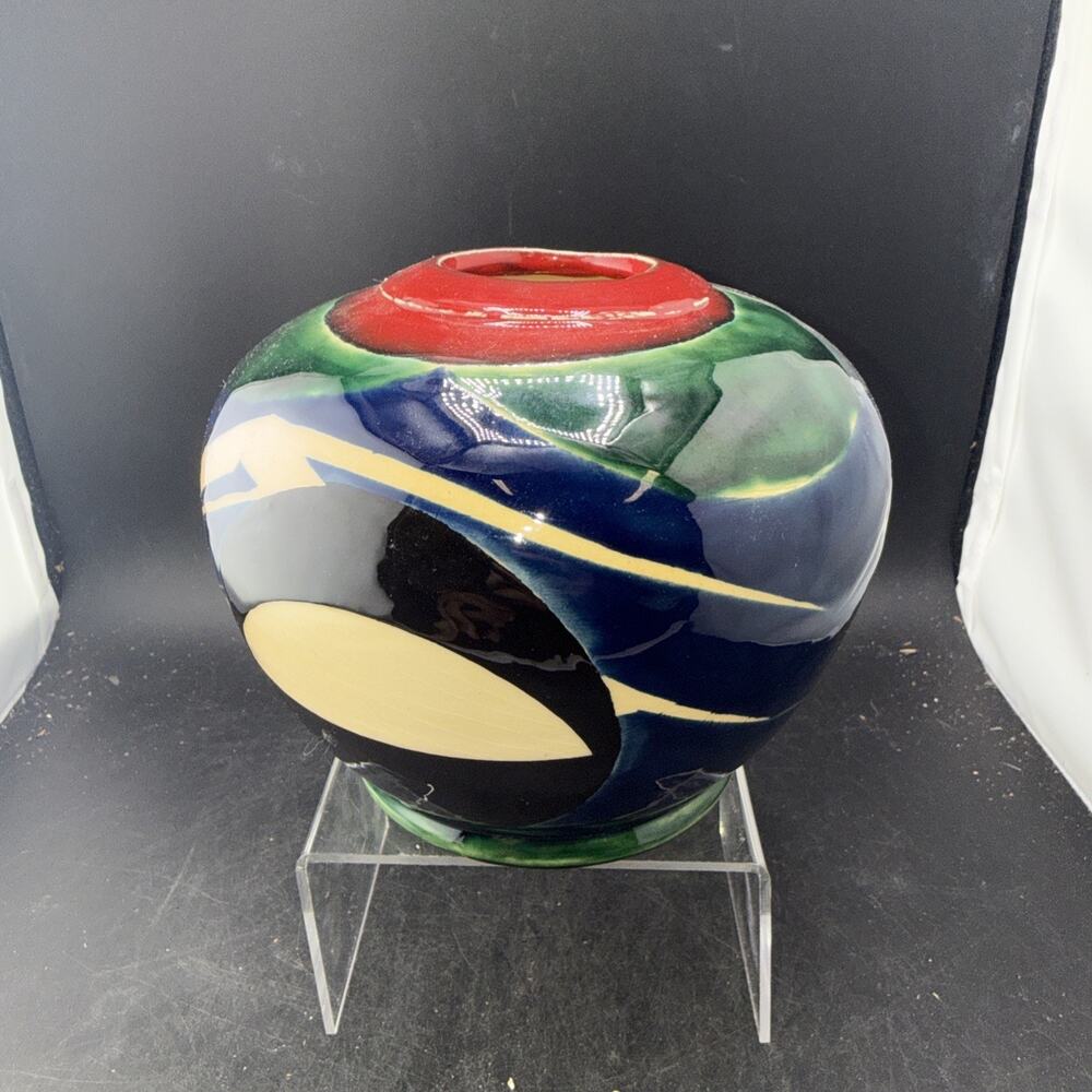 KLER Signed Studio Art Pottery Abstract Modern Glazed Vase Red Blue Green